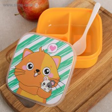 Ланч - бокс квадратный с секциями и ложкой Кот, 400 мл