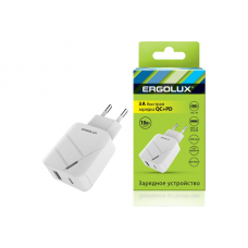 Адаптер сетевой 18Вт 1USB+1Type C 100-220В 5-9В/3А QC коробка бел. Ergolux 15252