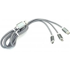 Кабель для зарядки USB (3-в-1)  ( Apple Lightning 8Pin, USB Type-C, USB-Micro) ШНУРОК. 1m. Серый