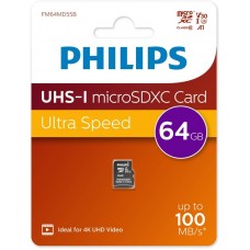 Флеш карта microSD 64GB PHILIPS High Speed  microSDHC Class UHS-I U3, V30, A1, 100MB/s