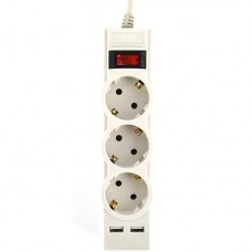 Сетевой фильтр Perfeo POWER-S, 1,8м, 3 розетки 10А, 2USB, 2500 Вт, двойная защита, серый