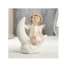 Сувенир керамика Ангел-малыш в перламутро-розовом платье на месяце 9х4,6х7 см
